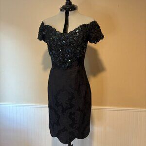 JESSICA McCLINTOCK Off-Shoulder Damask + Sequins Black Party Dress | 80s Size 4